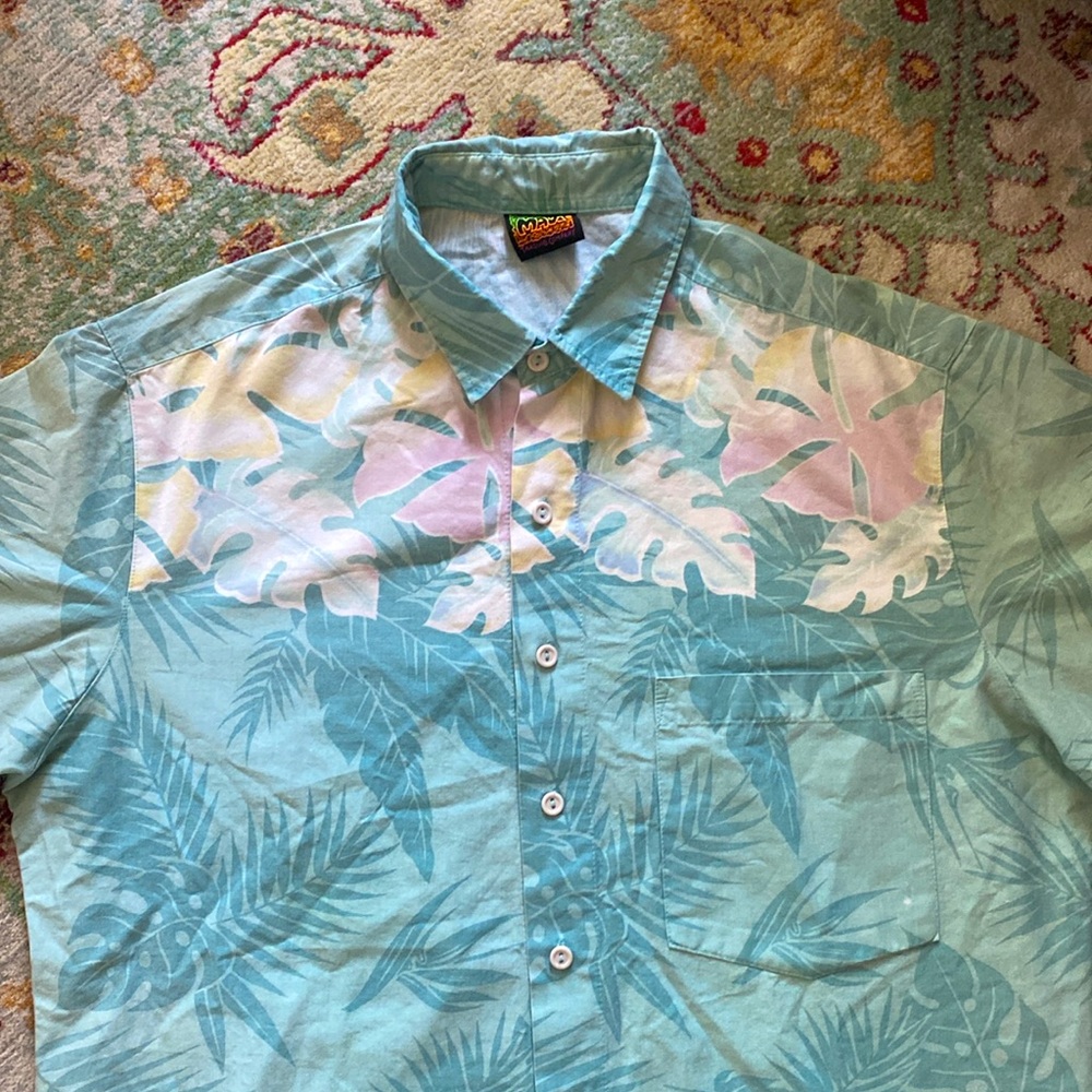 Men's Vintage Hawaiian Shirt Size Large Blue Pink Floral Aloha Palm Hibiscus 90s - Picture 3 of 7
